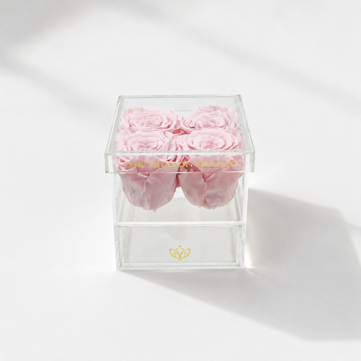 Clear acrylic box with 4 light pink roses on top and a single drawer below