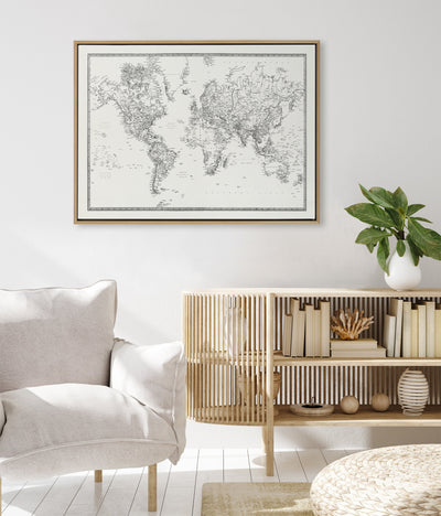 Sylvie Vintage Black and White World Map Framed Canvas by The Creative
