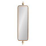 Vertical rectangular mirror with rounded corners in a warm gold metal frame, topped and bottomed with decorative spherical finials.