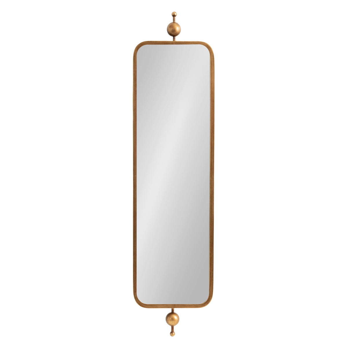 Vertical rectangular mirror with rounded corners in a warm gold metal frame, topped and bottomed with decorative spherical finials.
