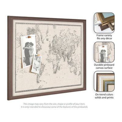 Framed Fabric Pinboard Vintage Black and White Linen World Map Wall Organization