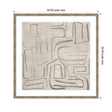 Square framed abstract wall art with beige and taupe irregular line patterns on a light gray background within a light wood frame