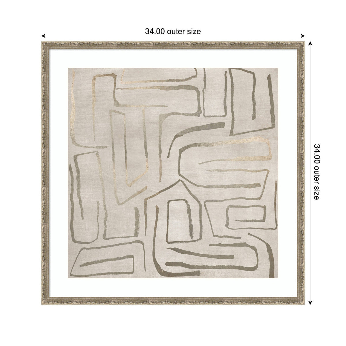 Square framed abstract wall art with beige and taupe irregular line patterns on a light gray background within a light wood frame