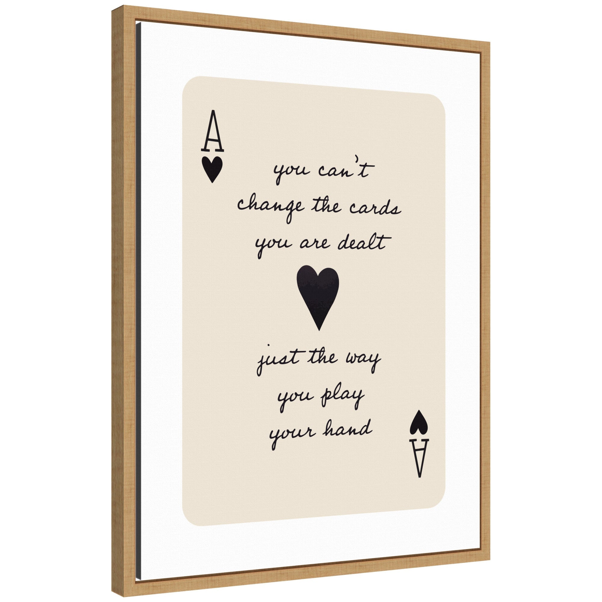 Framed canvas wall art featuring the Ace of Heart card with a positive quote, set in a beaded black Sylvie frame against a minimalist background.