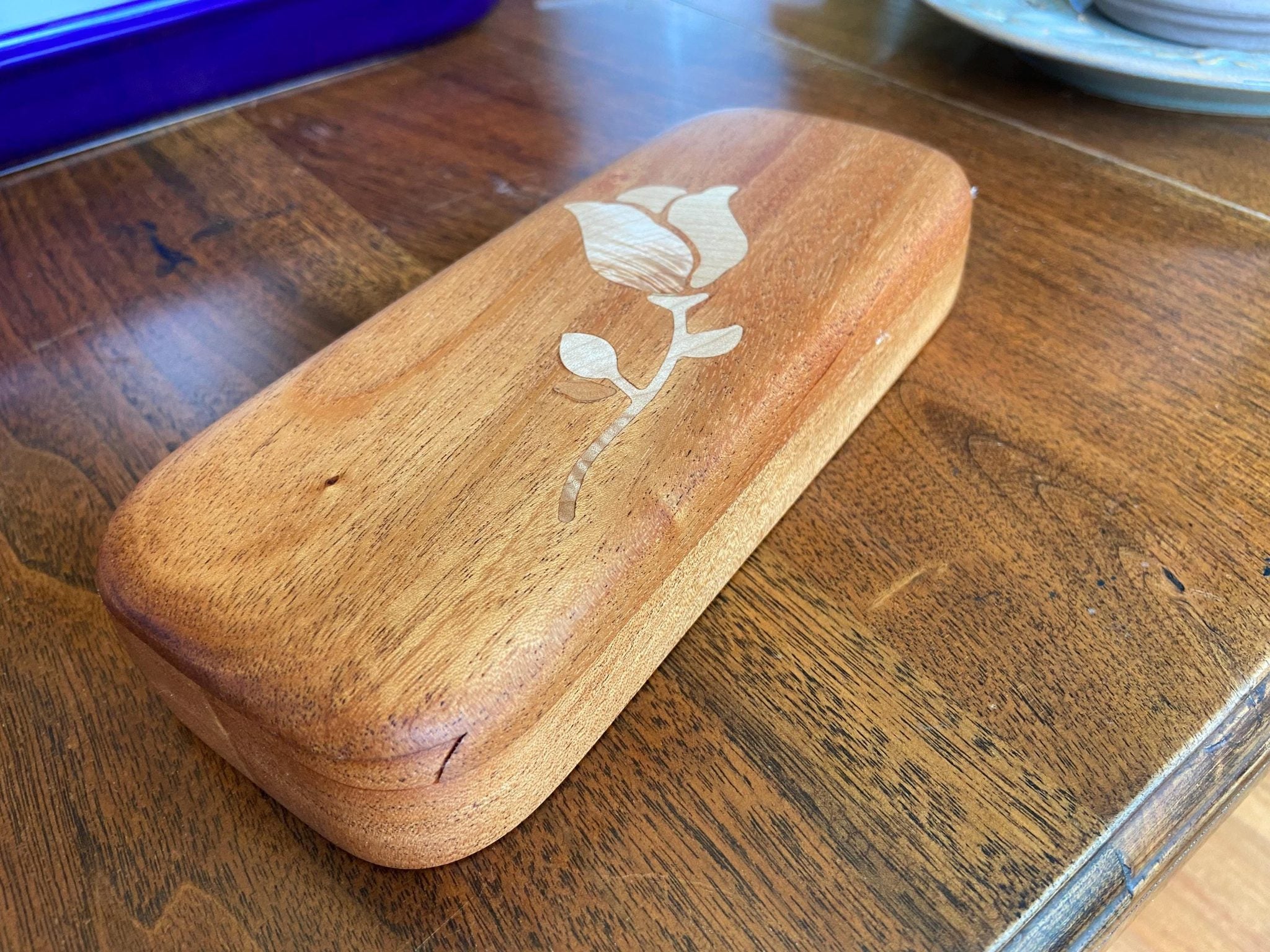 Handcrafted hardwood keepsake box with wood inlay, 8.25 by 3.25 inches