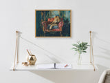 Framed impressionist lion portrait with rich jewel tones above a minimalist white wall shelf holding a geometric gold pot with brushes, open sketchbook, and glass vase with foliage.