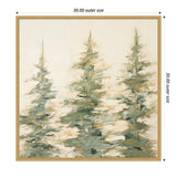Abstract painting of three evergreen trees in soft green and beige tones, framed in a light wood square frame with 30-inch outer size.