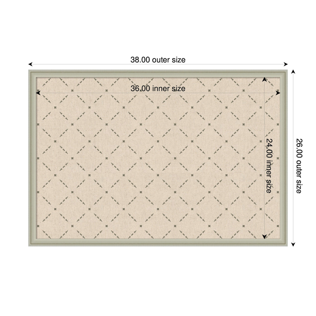 Top-down diagram of a beige rectangular surface with a green lattice grid pattern, showing outer dimensions 38 by 26 and inner dimensions 36 by 24.