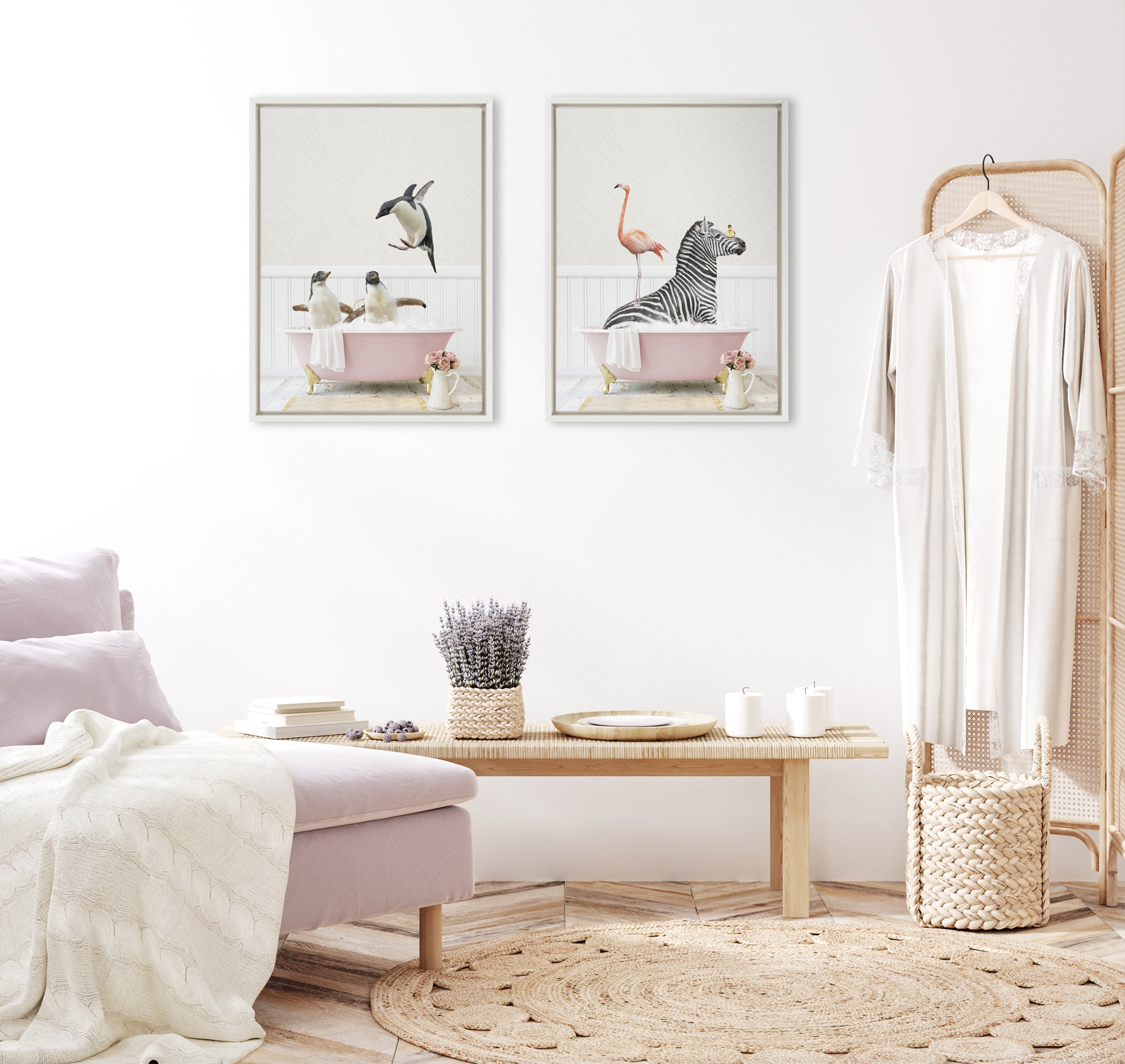 Sylvie Zebra and Flamingo in Cottage Rose Bathtub Framed Canvas by Amy Peterson