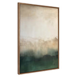 Abstract framed canvas with muted green, beige, and cream tones blending vertically to resemble a soft mountain landscape in mist.