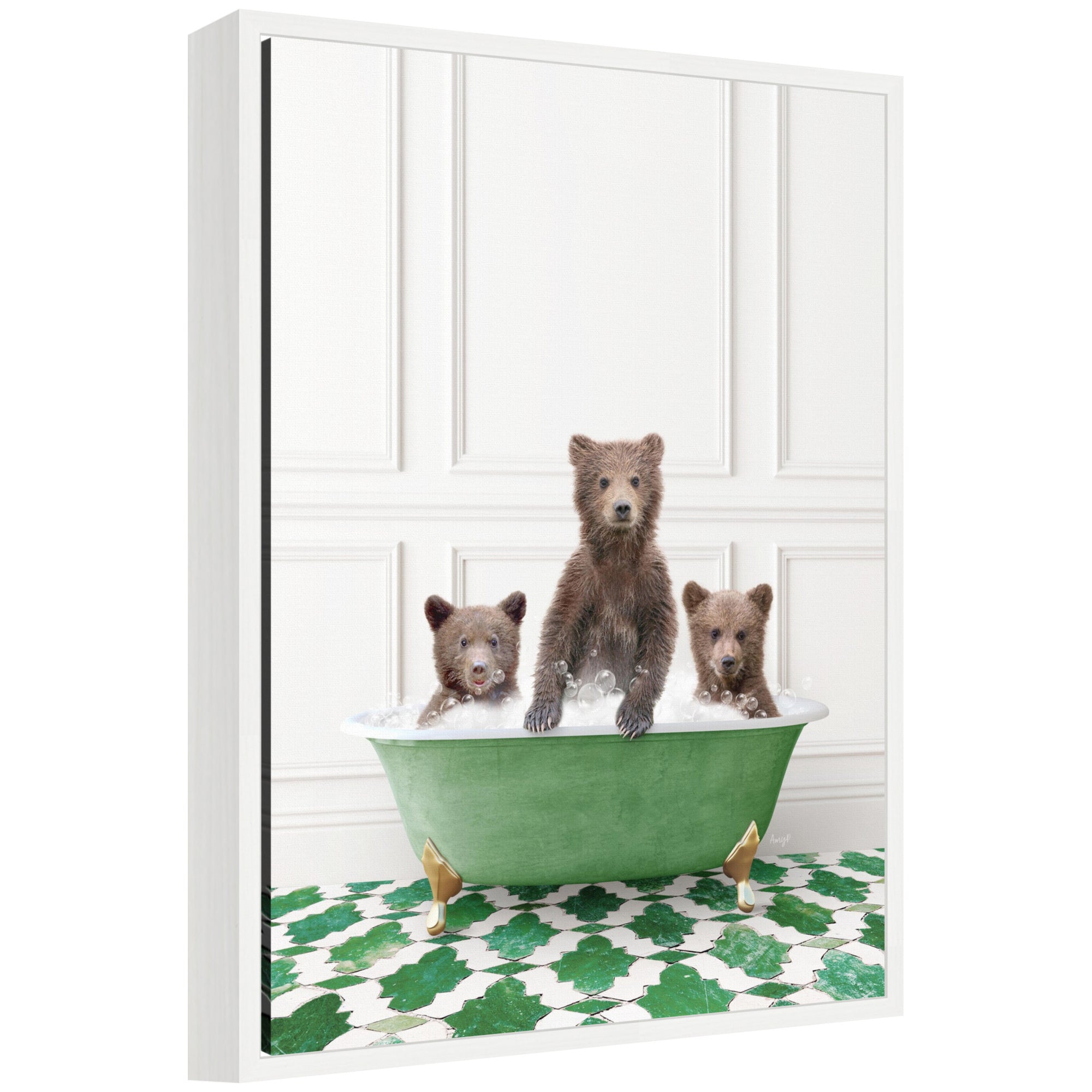 Framed canvas artwork depicting three bear cubs in front of an eclectic green panel wall, by Amy Peterson