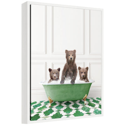 Framed canvas artwork depicting three bear cubs in front of an eclectic green panel wall, by Amy Peterson
