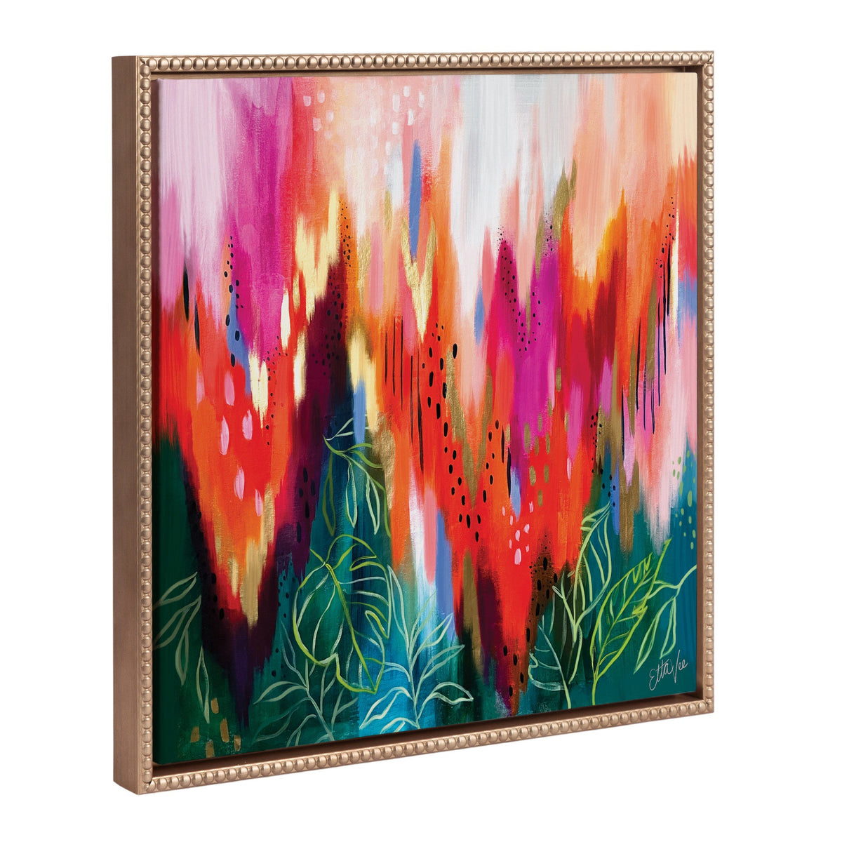 Sylvie Beaded EV Brushstroke 171 framed canvas art showing abstract golden brushstrokes with a vintage beaded gold frame