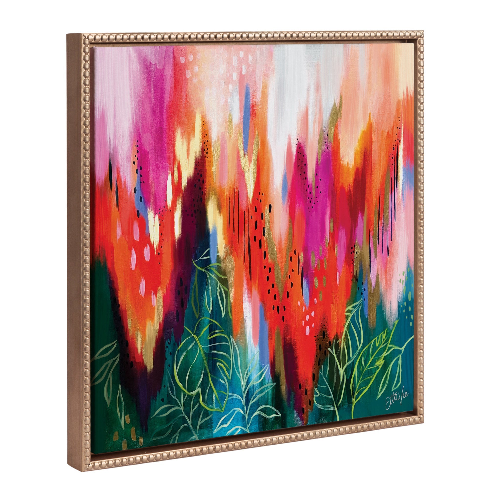 Sylvie Beaded EV Brushstroke 171 framed canvas art showing abstract golden brushstrokes with a vintage beaded gold frame