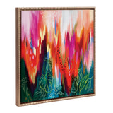 Abstract canvas painting with vibrant vertical brushstrokes in pink, red, orange, and white hues, accented by green leaf outlines along the bottom, framed in gold with beaded edges.