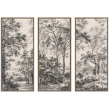 Three framed linen canvas panels depicting a black and white detailed wooded landscape with various trees and foliage, arranged side by side.