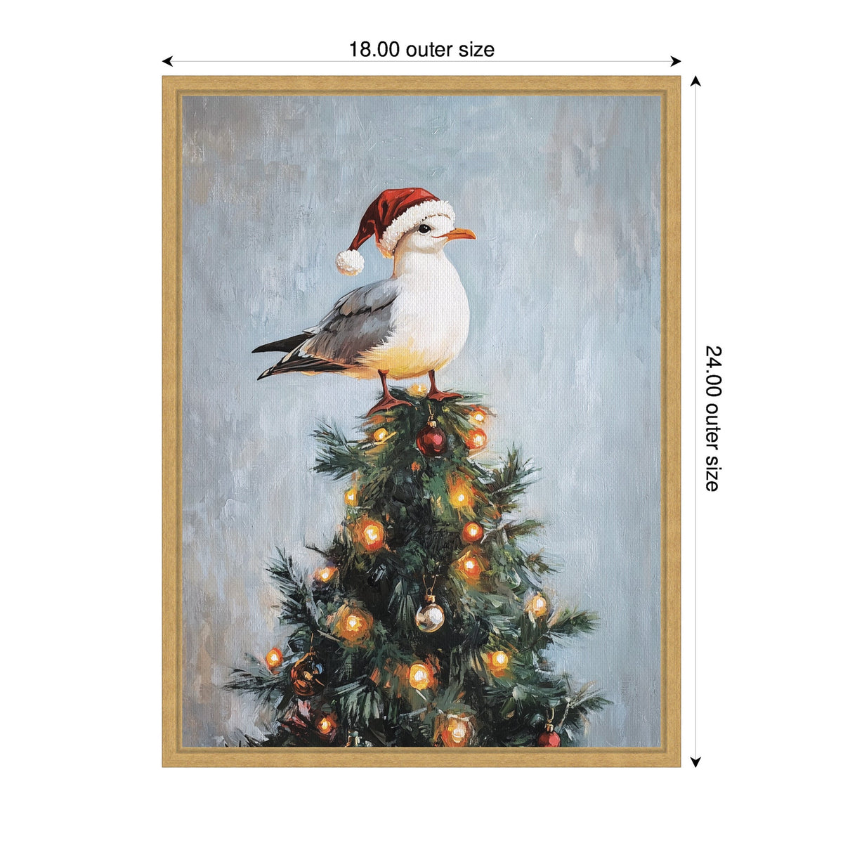 Seagull wearing a red Santa hat perched atop a decorated Christmas tree with glowing orange and white lights against a muted blue background.
