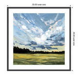 Impressionistic landscape painting with a vast grassy field under a swirling, cloudy sky in blues, whites, and subtle warm tones, framed with a black and white mat.