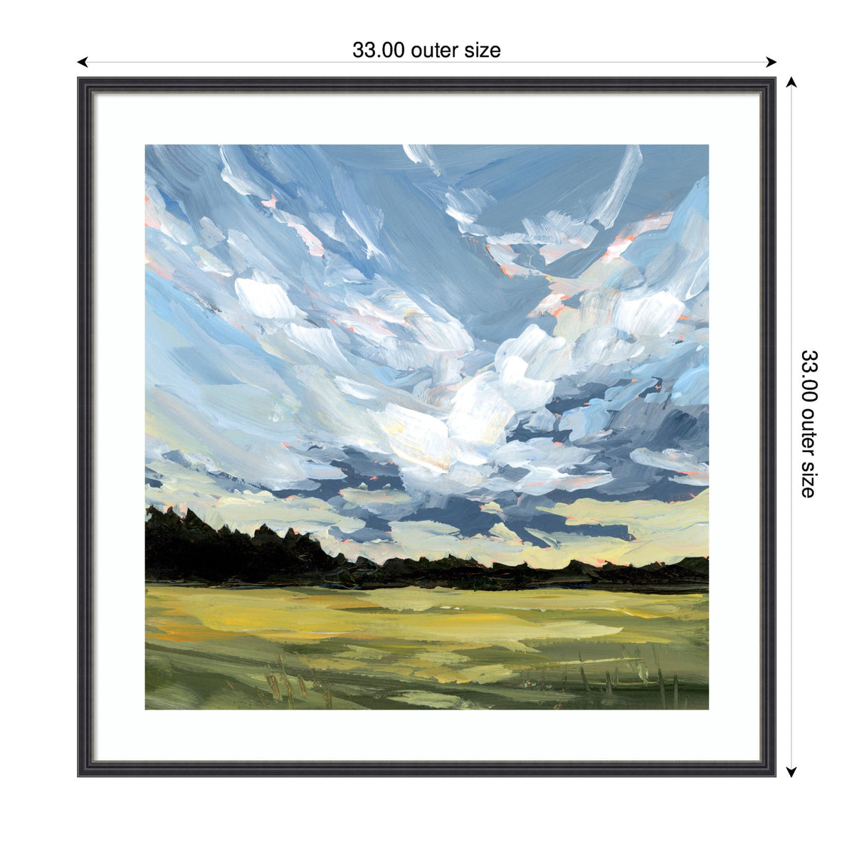 Impressionistic landscape painting with a vast grassy field under a swirling, cloudy sky in blues, whites, and subtle warm tones, framed with a black and white mat.