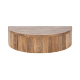 Semicircular floating wood side table with natural grain patterns and warm brown tones, designed to mount flush against a wall.