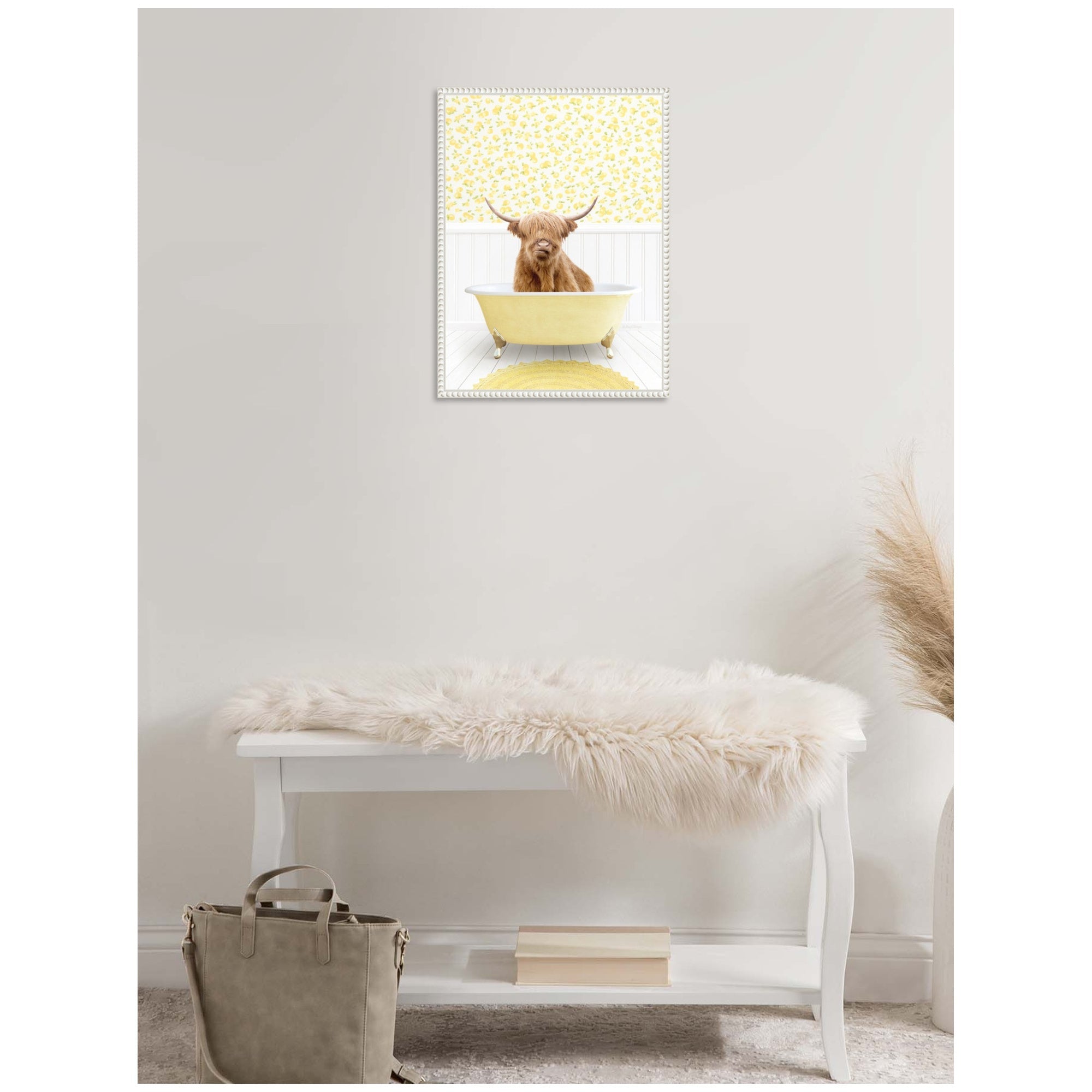 Sylvie Highland Cow in Cottage Yellow Bathtub Framed Canvas by Amy Peterson
