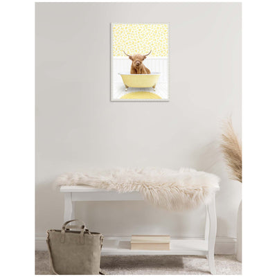 Sylvie Highland Cow in Cottage Yellow Bathtub Framed Canvas by Amy Peterson