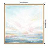 Abstract seascape painting with pastel blue sky, soft pink and yellow clouds, and textured blue-green ocean, framed in light wood, sized 30 by 30 inches.