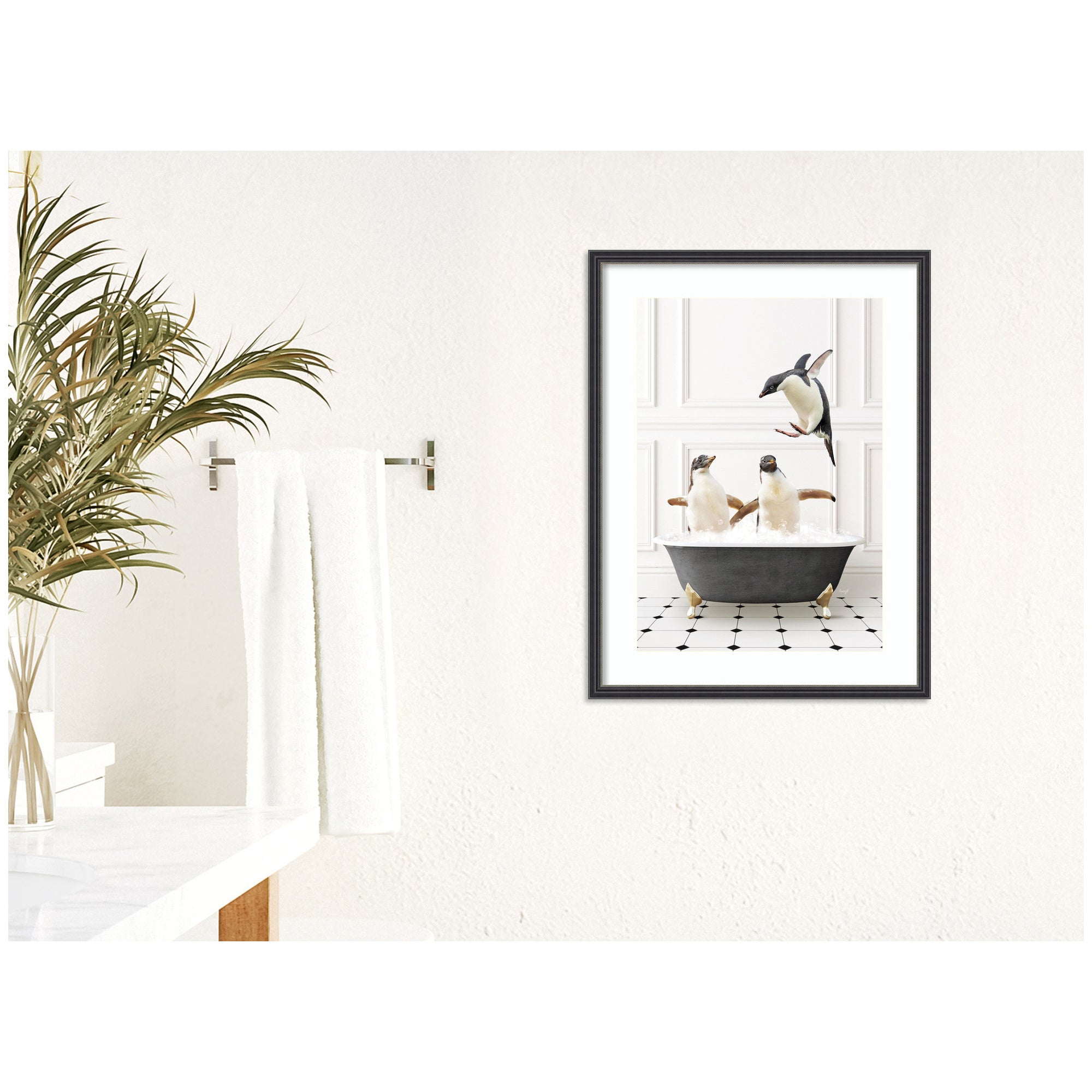 Penguins in Classic Black and White Bath by Amy Peterson Framed Wall Art Print