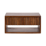 Rectangular wooden side table with a smooth top, open lower storage, and a front panel featuring vertical cylindrical wooden slats in varying shades of brown