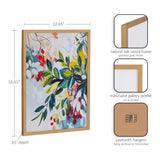 Abstract botanical print with jewel-toned leaves and flowers in a gold-finished natural oak wood frame with minimalist gallery profile and sawtooth hangers