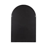 Back view of an arched wood wall mirror with a black fabric backing and two metal hanging hooks near the top corners.