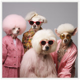 Four dogs styled with white fur, wearing colorful sunglasses and eclectic vintage-inspired clothes including pink fluffy, floral, and silky fabrics against a plain gray background.