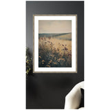 Framed print of a muted landscape featuring wildflowers in foreground with soft hills in the background, displayed on a dark gray wall above a white chair.