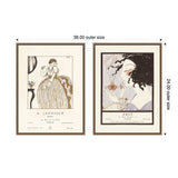 Two framed vintage-style canvases side by side, featuring elegant stylized portraits of women with delicate lines and muted tones, framed in brown with cream mats.