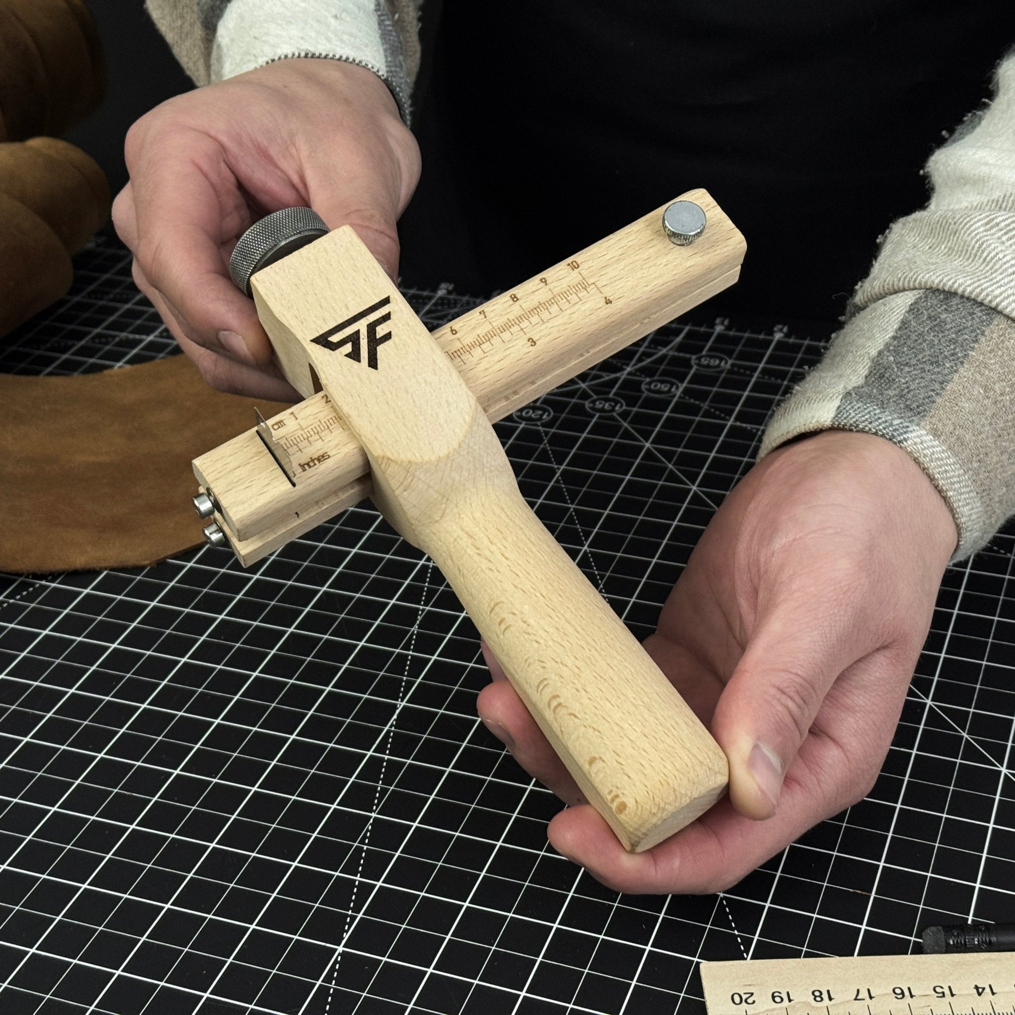 Adjustable Leather Strap and Belt Cutter with wooden handle and measuring ruler