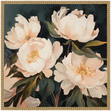 Painterly floral canvas featuring four large creamy white peonies with yellow centers and green leaves against a dark, moody background within a carved wooden frame.