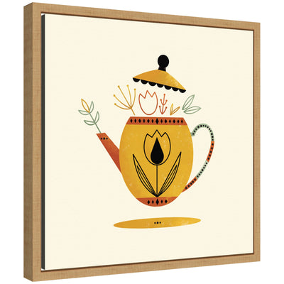 Framed canvas art featuring a yellow kettle still life by Amber Leaders