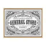 Black and white framed canvas print with vintage floral and scrollwork border reading 'Family Owned & Operated General Store and Market'