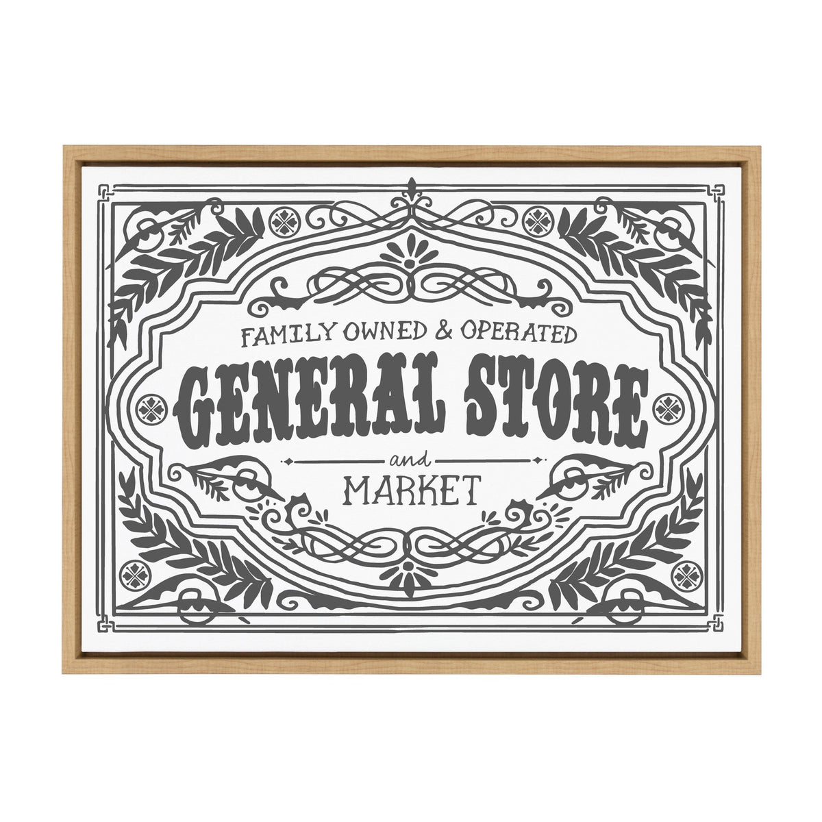Black and white framed canvas print with vintage floral and scrollwork border reading 'Family Owned & Operated General Store and Market'