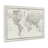 Framed vintage-style black and white world map canvas with detailed linework and a beaded white frame, angled slightly to show the map's texture and border.