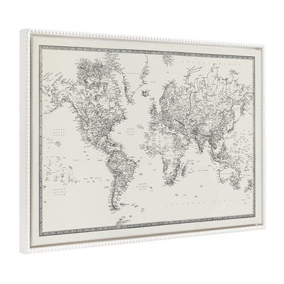 Sylvie Beaded Vintage Black and White World Map Framed Canvas by The Creative Bunch Studio