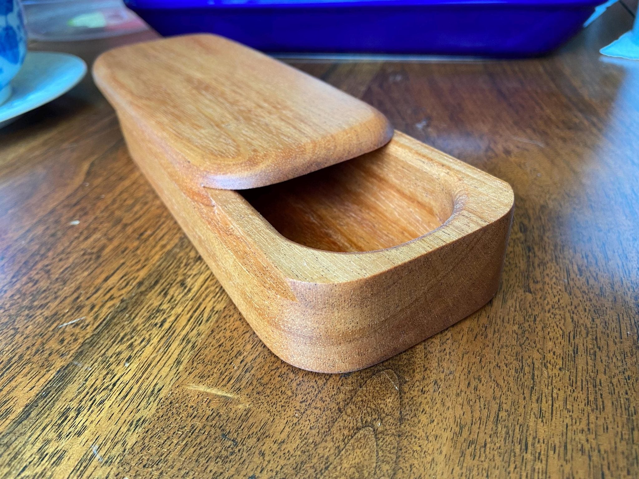 Handcrafted hardwood keepsake box with wood inlay, 8.25 by 3.25 inches