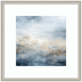 Abstract oceanic scene in soft blue, gray, and beige tones with blurred, textured brushstrokes, framed in a simple light gray wood frame.