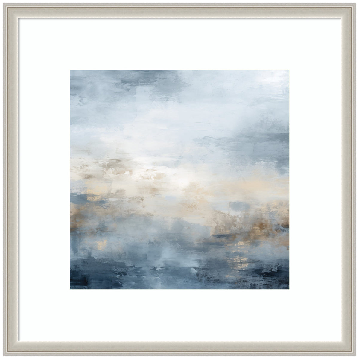 Abstract oceanic scene in soft blue, gray, and beige tones with blurred, textured brushstrokes, framed in a simple light gray wood frame.