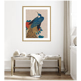 Framed Utagawa Hiroshige artwork of a blue and gold peacock with stylized peonies on a neutral linen background, hanging above a rustic wooden bench with a draped light fabric.