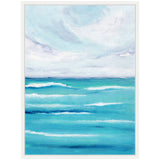 Framed canvas painting of ocean waves in varying shades of turquoise and blue under a cloudy sky with soft white and gray tones.