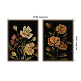 Two framed canvas art pieces each featuring moody floral paintings with soft pastel and warm orange flowers on a deep black background, sized 38 by 24 inches.