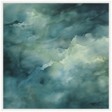 Abstract canvas with swirling green and teal shades blending into darker moody hues and lighter watery highlights, framed in a simple white border.