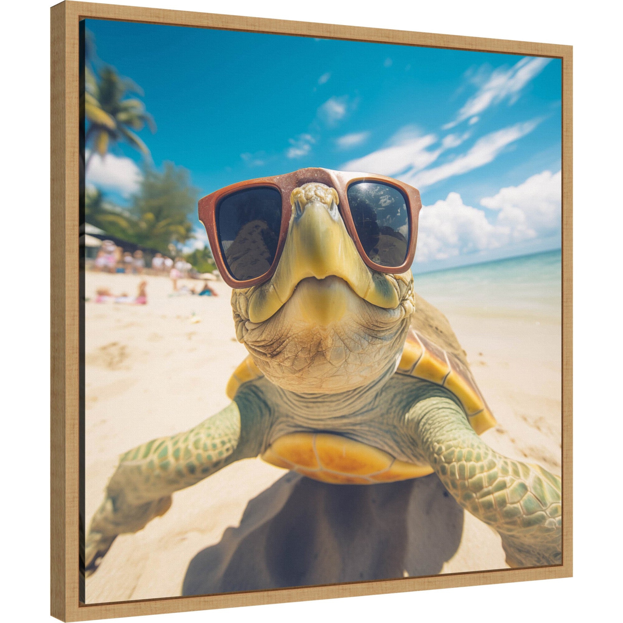 Framed floating canvas art print featuring a whimsical turtle taking a selfie