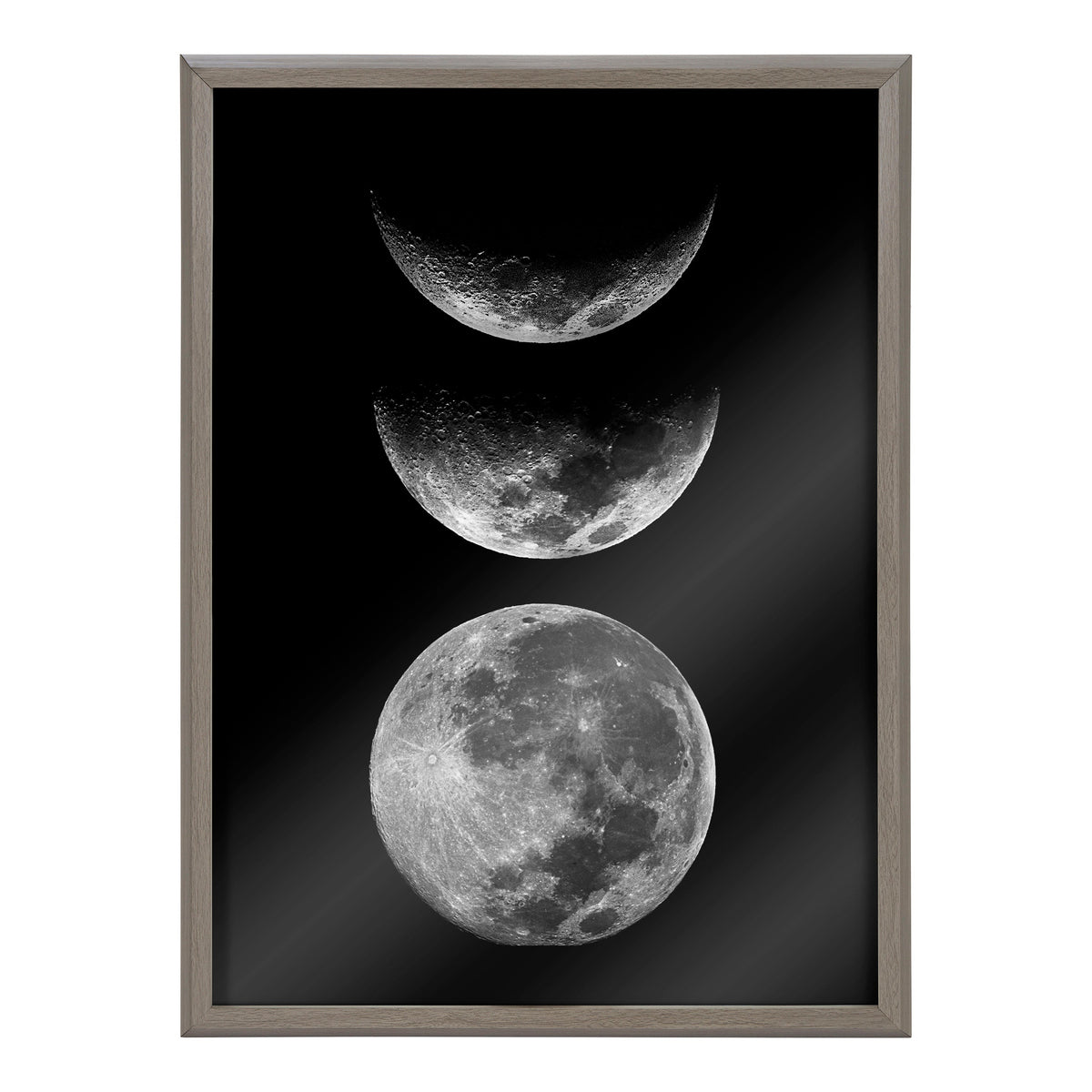 Framed black glass print with three detailed gray moon phases—crescent, half, and full—arranged vertically on a black background